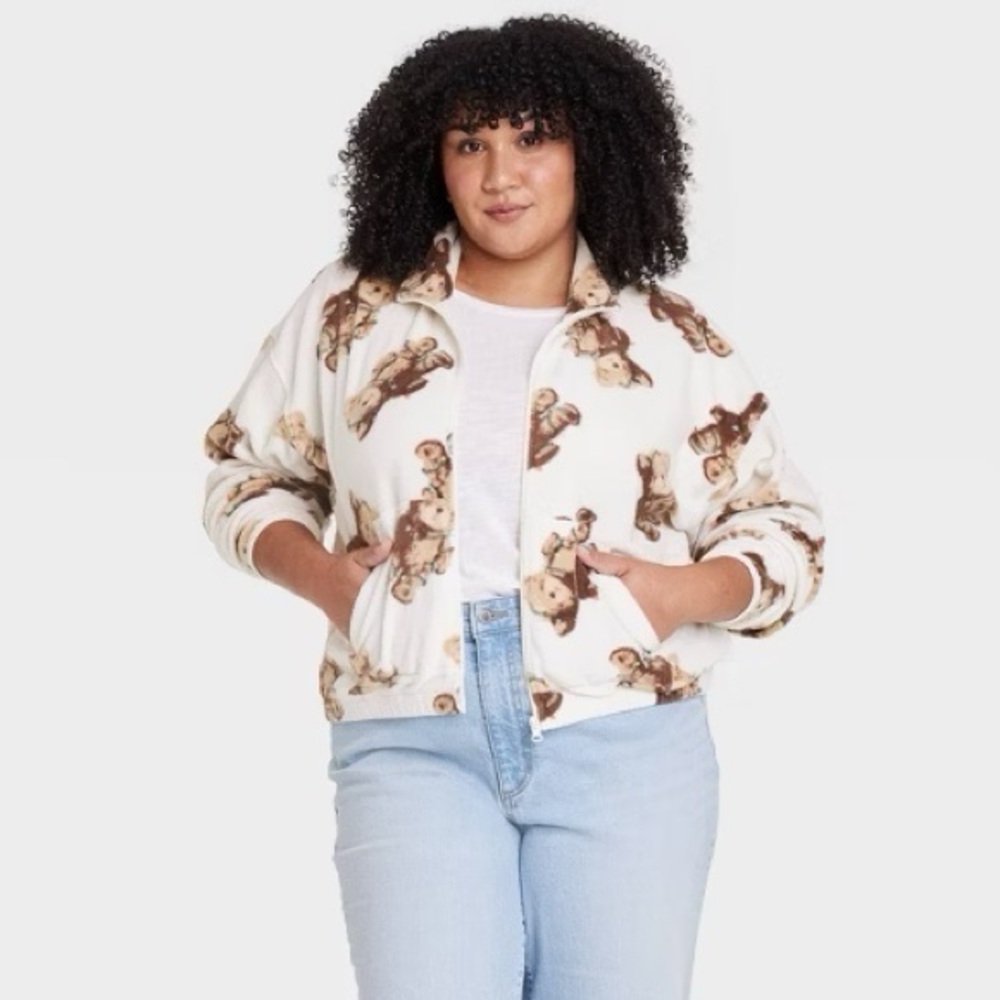 Grayson Threads Women’s Christmas Teddy Bear Crop Fleece Zip Up Jacket-size XXL